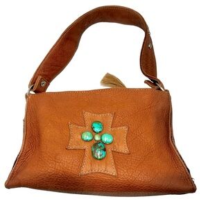 Eternal Perspective Cross Shoulder Bag Caramel Bison Leather Turquoise Beads